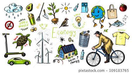 Ecology background. Zero waste. Hand drawn eco transport, bio. Waste sorting and recycling Ecology background. Zero waste. Hand drawn eco transport, bio. Waste sorting and recycling 109183765