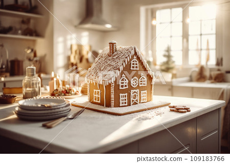 Christmas gingerbread houses with sugar icing on wooden table in kitchen interior Christmas gingerbread houses with sugar icing on wooden table in kitchen interior 109183766