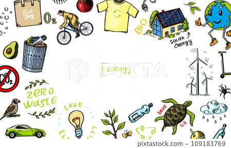 Ecology background. Zero waste. Hand drawn eco transport, bio. Waste sorting and recycling Ecology background. Zero waste. Hand drawn eco transport, bio. Waste sorting and recycling 109183769