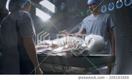 Surgeons in AR headsets. 3D graphics of human skeleton and organs Surgeons in AR headsets. 3D graphics of human skeleton and organs 109183888