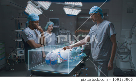 3D graphics of hologram showing human skeleton in operating room 109183906