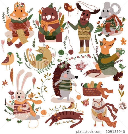 Cute forest animals in scarf and knitted sweaters are knitting and drinking tea, basket with threads. Cute mouse, fox, lazy cat, etc. Suitable for various creative projects. Vector. Cute forest animals in scarf and knitted sweaters are knitting and drinking tea, basket with threads. Cute mouse, fox, lazy cat, etc. Suitable for various creative projects. Vector. 109183940