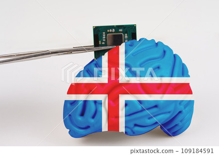 On a white background, a model of the brain with a picture of a flag - Iceland, a microcircuit, a processor, is implanted into it. 109184591