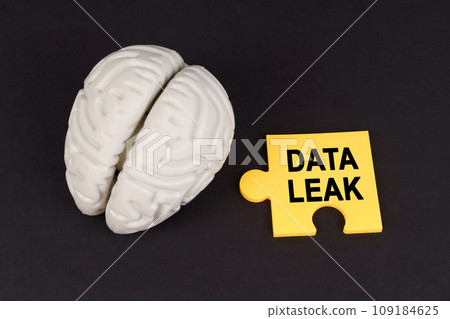 On a black surface lies a brain and a yellow puzzle with the inscription - DATA LEAK 109184625