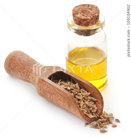 Anise seeds in wooden scoop with essential oil Anise seeds in wooden scoop with essential oil 109184902