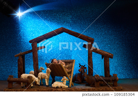 Christmas Nativity Scene of baby Jesus in the manger surrounded by the animals 109185304