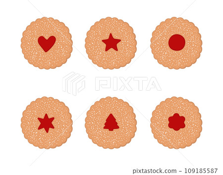 Hand drawn linzer Christmas cookies set. Traditional cookies with jam in different shapes Hand drawn linzer Christmas cookies set. Traditional cookies with jam in different shapes 109185587