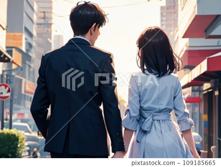 Rear view of a young couple walking hand in hand through the city (AI image) Rear view of a young couple walking hand in hand through the city (AI image) 109185665