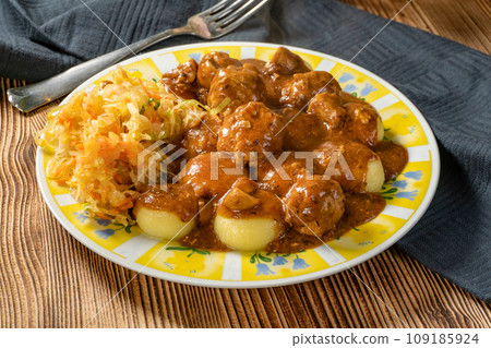 Meatballs with silesian noodles. 109185924