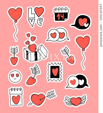 Collection love stickers. Heart, love symbols, valentines, gift, balloon. Vector isolated romantic elements for festive design for Valentine day Collection love stickers. Heart, love symbols, valentines, gift, balloon. Vector isolated romantic elements for festive design for Valentine day 109185947