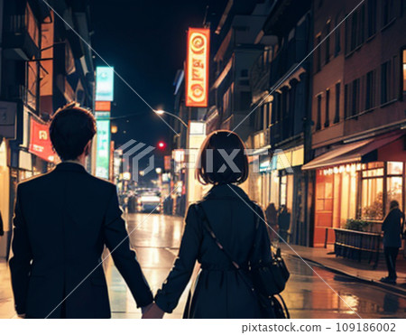 一對年輕夫婦攜手漫步夜城的後視圖(AI圖像) 一對年輕夫婦攜手漫步夜城的後視圖(AI圖像) 109186002