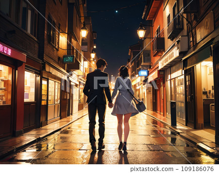 Rear view of a young couple walking hand in hand through the night city (AI image) 109186076