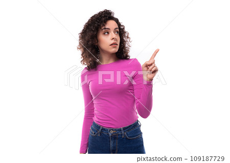 young pretty woman with curls hairstyle on white background 109187729