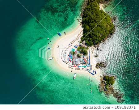 Aerial view drone shot of Amazing small island beautiful tropical sandy beach landscape view at koh Khai maew Island in Phang Nga Thailand,Amazing small island with many Cats live in small island Aerial view drone shot of Amazing small island beautiful tropical sandy beach landscape view at koh Khai maew Island in Phang Nga Thailand,Amazing small island with many Cats live in small island 109188371