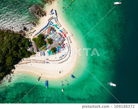 Aerial view drone shot of Amazing small island beautiful tropical sandy beach landscape view at koh Khai maew Island in Phang Nga Thailand,Amazing small island with many Cats live in small island Aerial view drone shot of Amazing small island beautiful tropical sandy beach landscape view at koh Khai maew Island in Phang Nga Thailand,Amazing small island with many Cats live in small island 109188372