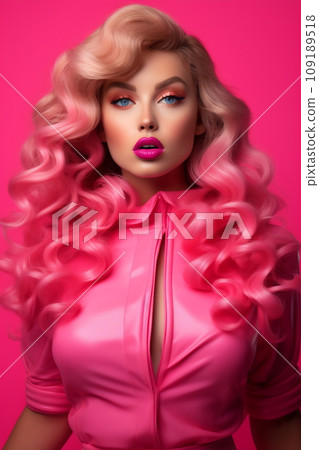 Emotion woman with pink hair over pink background. Wide open mouth. Pink lips makeup. Barbiecore concept Emotion woman with pink hair over pink background. Wide open mouth. Pink lips makeup. Barbiecore concept 109189518