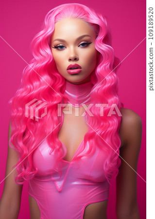Emotion woman with pink hair over pink background. Wide open mouth. Pink lips makeup. Barbiecore concept Emotion woman with pink hair over pink background. Wide open mouth. Pink lips makeup. Barbiecore concept 109189520