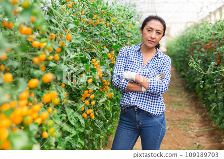 Successful confident Hispanic female grower in greenhouse Successful confident Hispanic female grower in greenhouse 109189703