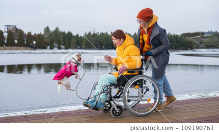 Caucasian woman driving her friend in a wheelchair along the lake in winter. 109190761