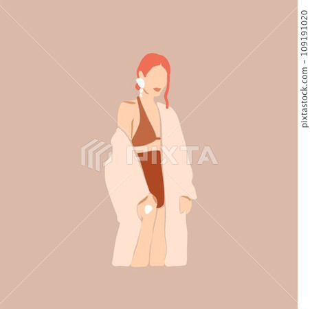 Hand drawn vector abstract flat graphic contemporary aesthetic fashion illustration with bohemian,modern female portrait in simple trendy minimal style isolated on pastel background. 109191020