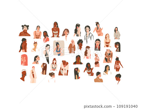 Hand drawn vector abstract graphic contemporary modern art,aesthetic fashion illustration with boho,beautiful modern female,simple trendy style.Woman design concept art.Fashion model print and poster. 109191040