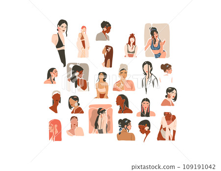 Hand drawn vector abstract graphic contemporary modern art,aesthetic fashion illustration with boho,beautiful modern female,simple trendy style.Woman design concept art.Fashion model print and poster. 109191042