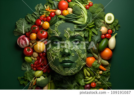 Human head made of fruits and vegetables, diet, vitamins, supplements, health care, healthy lifestyle, healthy food 109191087