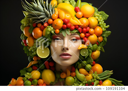 Human head made of fruit showing green healthy vegetarian vegan lifestyle. Healthy lifestyle concept. 109191104