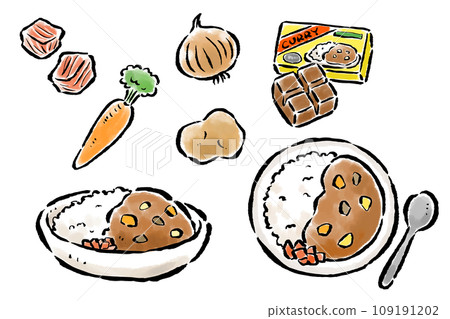 咖哩從上面，從側面，配料手繪插圖 109191202