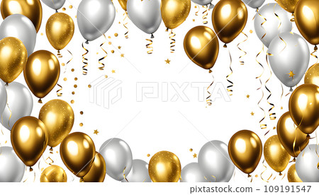 AI-generated gold and silver balloons, confetti, and copy space (transparent background) that can be used for birthdays, celebrations, etc. AI-generated gold and silver balloons, confetti, and copy space (transparent background) that can be used for birthdays, celebrations, etc. 109191547