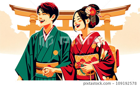 新年, 拜年, 情侶, 和服, 傳統 109192578