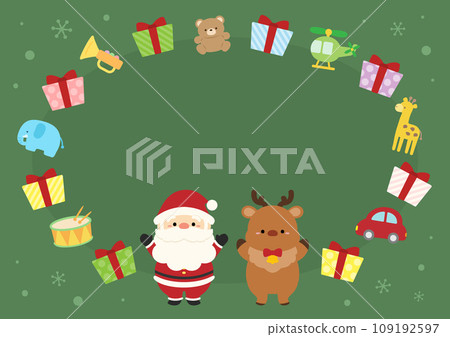 Frame of Santa Claus, presents and reindeer, horizontal size on green background without text 109192597