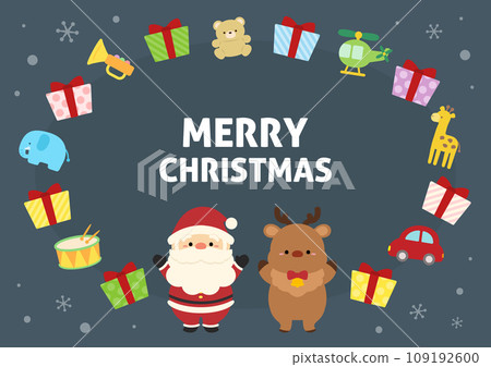 Frame of Santa Claus, gifts and reindeer, horizontal size on gray background Frame of Santa Claus, gifts and reindeer, horizontal size on gray background 109192600