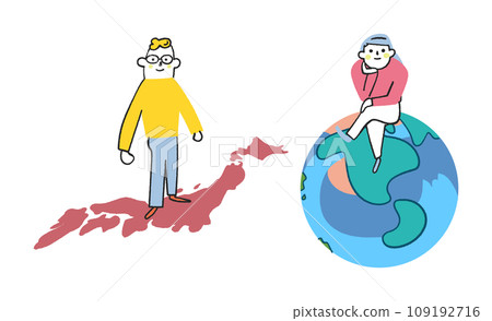 坐在以美洲大陸為中心的地球儀上的女人和站在日本列島的男人的插圖素材集 109192716