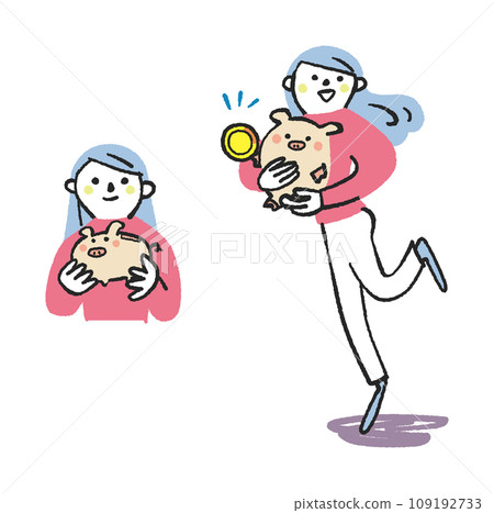Woman holding a pig piggy bank set illustration material 109192733