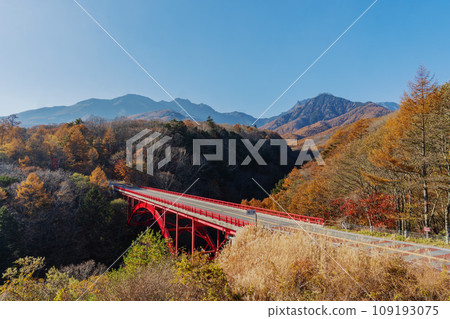 山梨縣【東澤大橋和紅葉】以八岳為背景的紅色橋樑和複製空間/八岳高原線 109193075