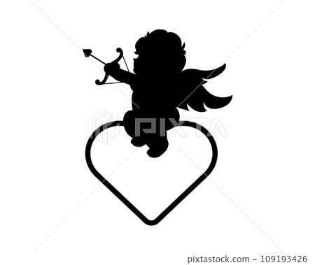 Silhouette illustration of Cupid riding on a heart and shooting an arrow Silhouette illustration of Cupid riding on a heart and shooting an arrow 109193426