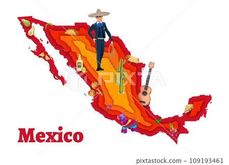 Mexico paper cut map with mexican cowboy vector character, national cuisine food and music instruments. Cartoon guitar, maracas, pinata and charro on 3d layered papercut silhouette of Mexico map 109193461