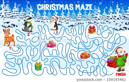 Christmas labyrinth maze. Help to cartoon animals find a friend and gifts kids game vector worksheet. Xmas holiday labyrinth puzzle map on snow with deer, bear, penguin, badger and Christmas presents 109193462