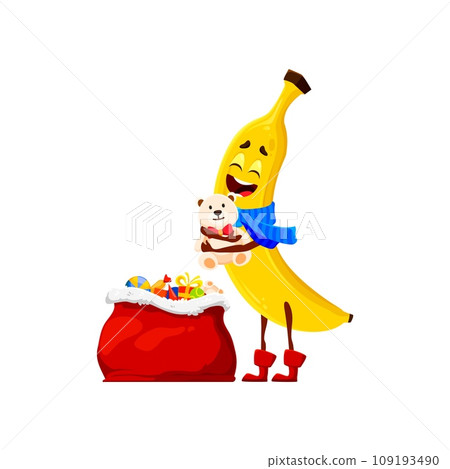 Banana character with Christmas holiday gifts. Funny banana fruit vector personage with Santa Claus red bag, Xmas toys, cute plush bear and scarf. Winter holidays tropical fruit food cartoon emoji 109193490