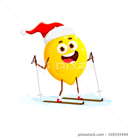 Christmas lemon fruit character skiing with Santa Claus red hat. Tropical citrus vector personage standing on snow with skis and ski poles. Happy smiling lemon skier emoji, winter outdoor activity Christmas lemon fruit character skiing with Santa Claus red hat. Tropical citrus vector personage standing on snow with skis and ski poles. Happy smiling lemon skier emoji, winter outdoor activity 109193499
