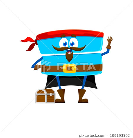 Cartoon funny equals math sign pirate or corsair character with treasure chest, vector emoji emoticon. Math equation and equality sign character as Caribbean pirate filibuster sailor with bandana 109193502