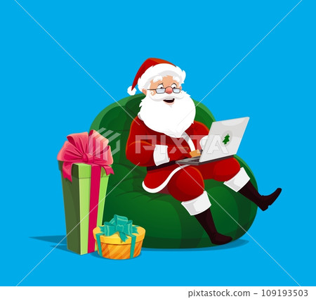 Cartoon Santa with laptop on green bean bag with gifts for Christmas holiday, vector background. Christmas winter holiday party or greeting card with Santa receiving kids wishes messages on laptop 109193503