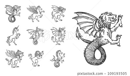 Medieval heraldic animals sketch, lion, unicorn or pegasus, dragon and griffin, vector symbols. Heraldry sketch mythic creatures of unicorn, lion dragon and pegasus mermaid with claws and roar 109193505