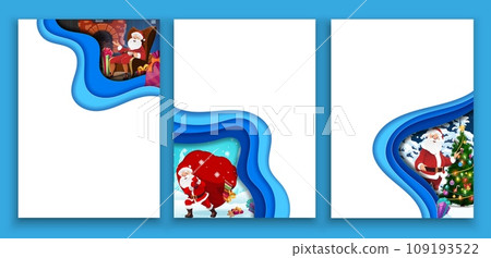 Christmas paper cut holiday posters. Vector templates with funny Santa sitting at fireplace, carry gift sack and stand near decorated fir tree at night forest with snow. 3d papercut effect cards 109193522