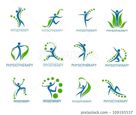 Physiotherapy icon. Vector spine, back pain, body health, chiropractic massage and therapy symbols with abstract silhouettes and green leave. Physical, orthopedic and osteopathic rehabilitation Physiotherapy icon. Vector spine, back pain, body health, chiropractic massage and therapy symbols with abstract silhouettes and green leave. Physical, orthopedic and osteopathic rehabilitation 109193537
