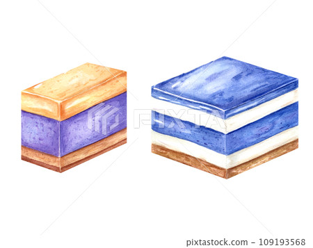Square cake with berry yoghurt cream. White and blue mousse. Violet and yellow cream dessert. Slice of cheesecake, custard, tart. Watercolor illustration for recipe, menu, package design Square cake with berry yoghurt cream. White and blue mousse. Violet and yellow cream dessert. Slice of cheesecake, custard, tart. Watercolor illustration for recipe, menu, package design 109193568