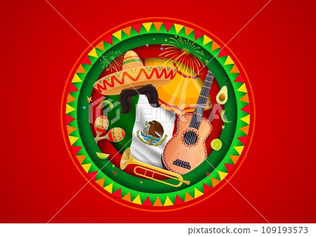 Mexican Independence Day paper cut banner for holiday with sombrero and guitar, vector background. Mexico flag with maracas, mariachi trumpet and jalapeno pepper for Mexican Independence Day 109193573