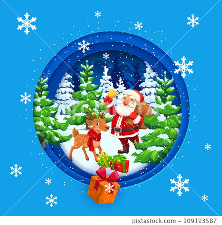 Christmas paper cut banner. Cartoon Santa, deer and gifts in winter forest landscape. Vector greeting card Father Noel with jingle bell and reindeer inside of 3d double exposition effect round frame 109193587