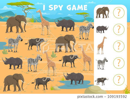 I spy game worksheet with African savannah safari animals, vector kids quiz. African safari cartoon animals, zebra with elephant, rhinoceros and buffalo, puzzle quiz to find and match similar picture I spy game worksheet with African savannah safari animals, vector kids quiz. African safari cartoon animals, zebra with elephant, rhinoceros and buffalo, puzzle quiz to find and match similar picture 109193592